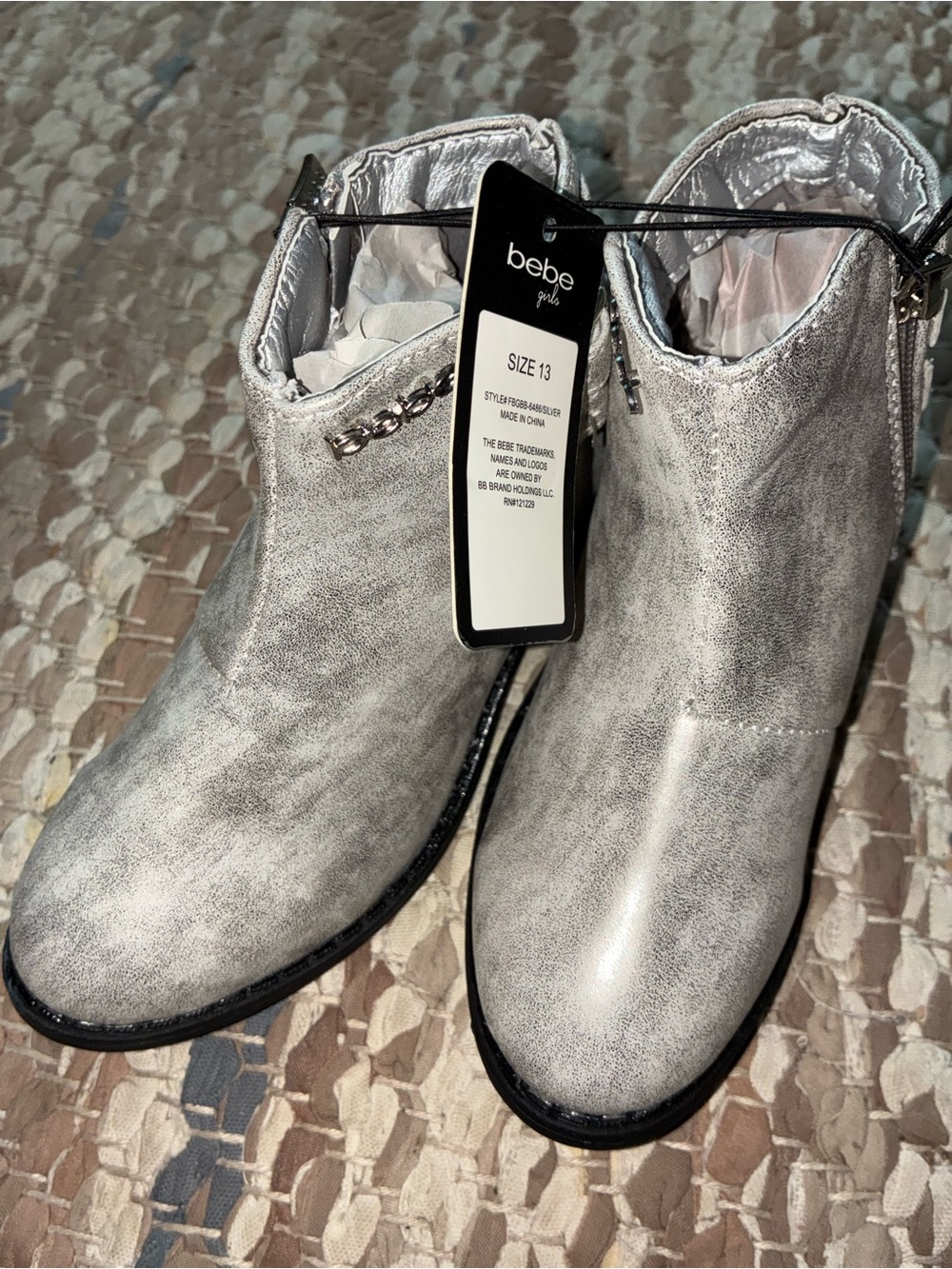 bebe Girls Metallic Silver Ankle Boots with Chain Accent